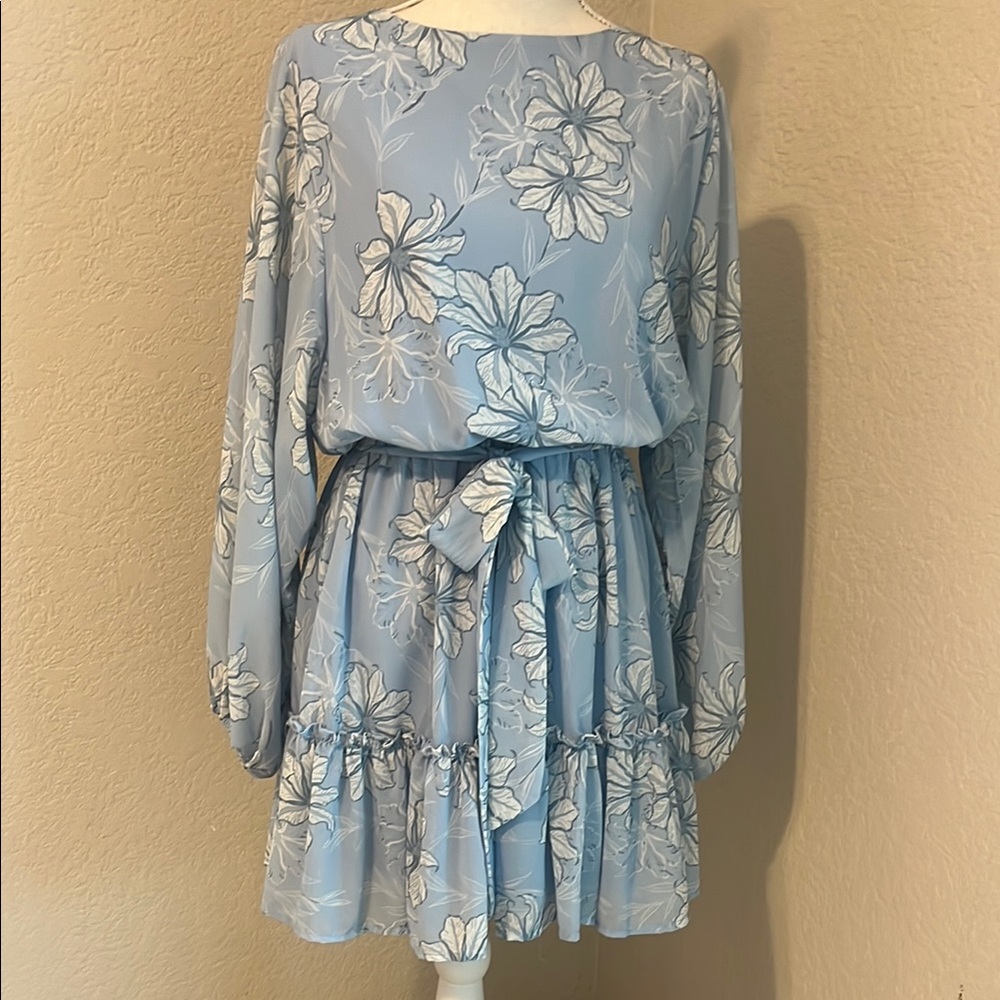 Flying Tomato -Light Blue & White Floral midi Dress w Belt